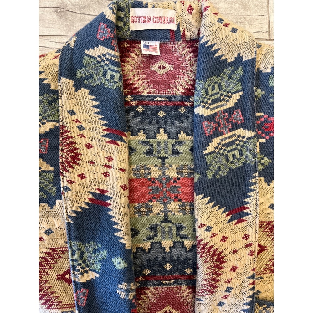 Gotcha Covered Vintage Southwestern Tapestry Jacket Blue Red Large 6304 USA Made